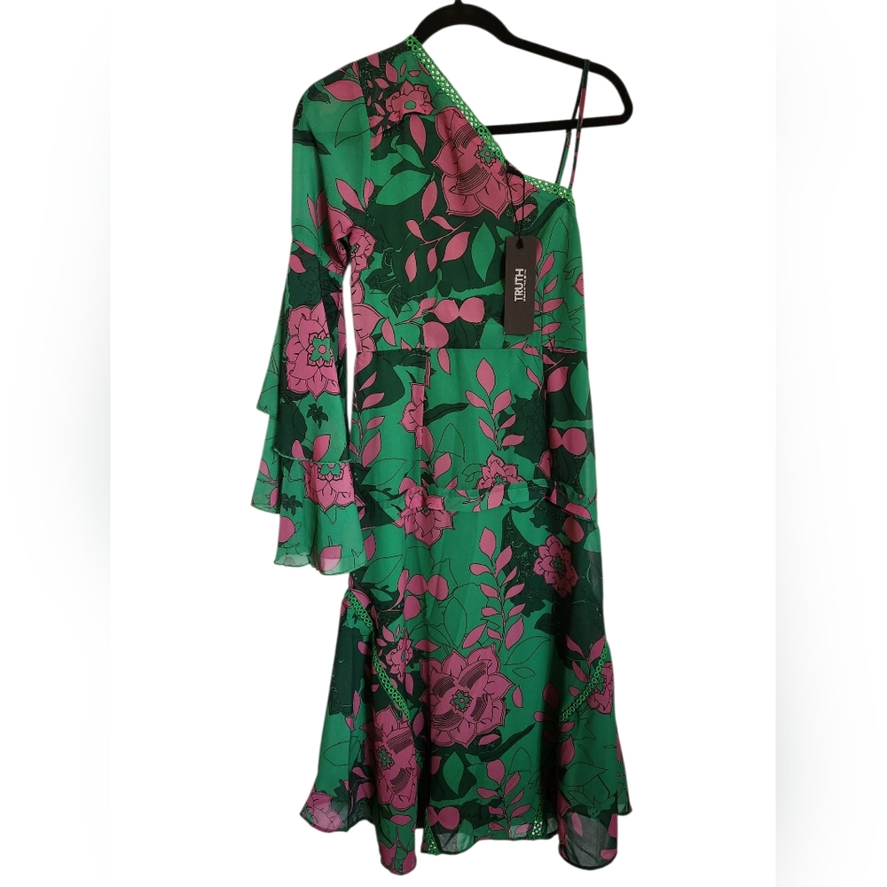 NWT Truth One-Shoulder Floral Maxi Dress XS • Green Pink Bell Sleeve Embellished